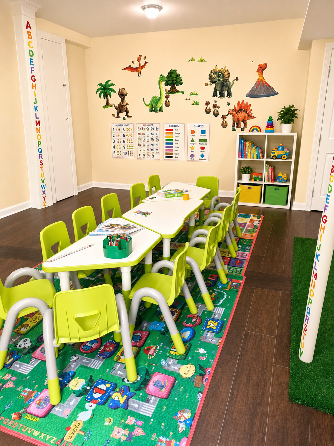 Classroom with green tables